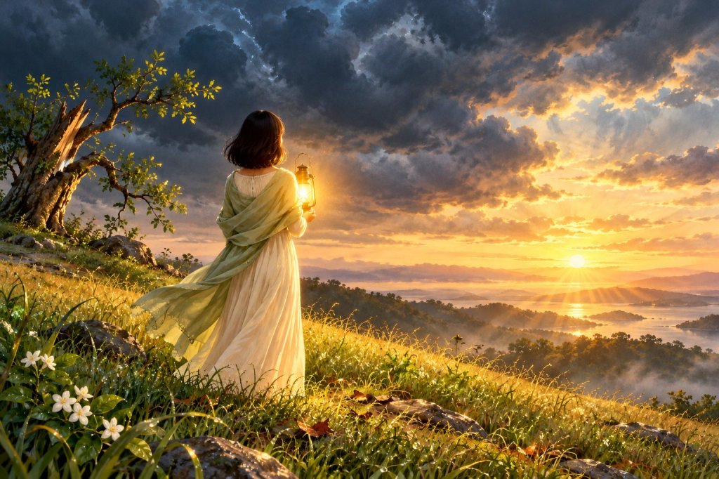 A woman seen from behind holding a glowing lantern on a hill at sunrise, as storm clouds part above her, with a broken tree growing new leaves nearby