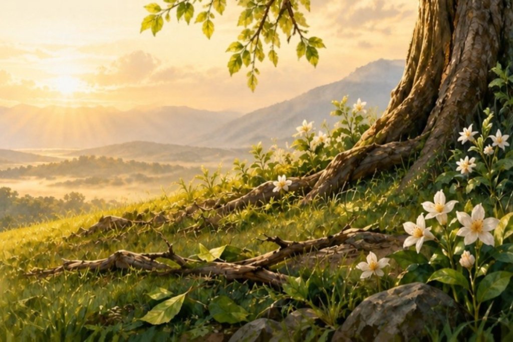 A tree with a broken branch growing new leaves on a hill at sunrise, with white jasmine flowers at its roots