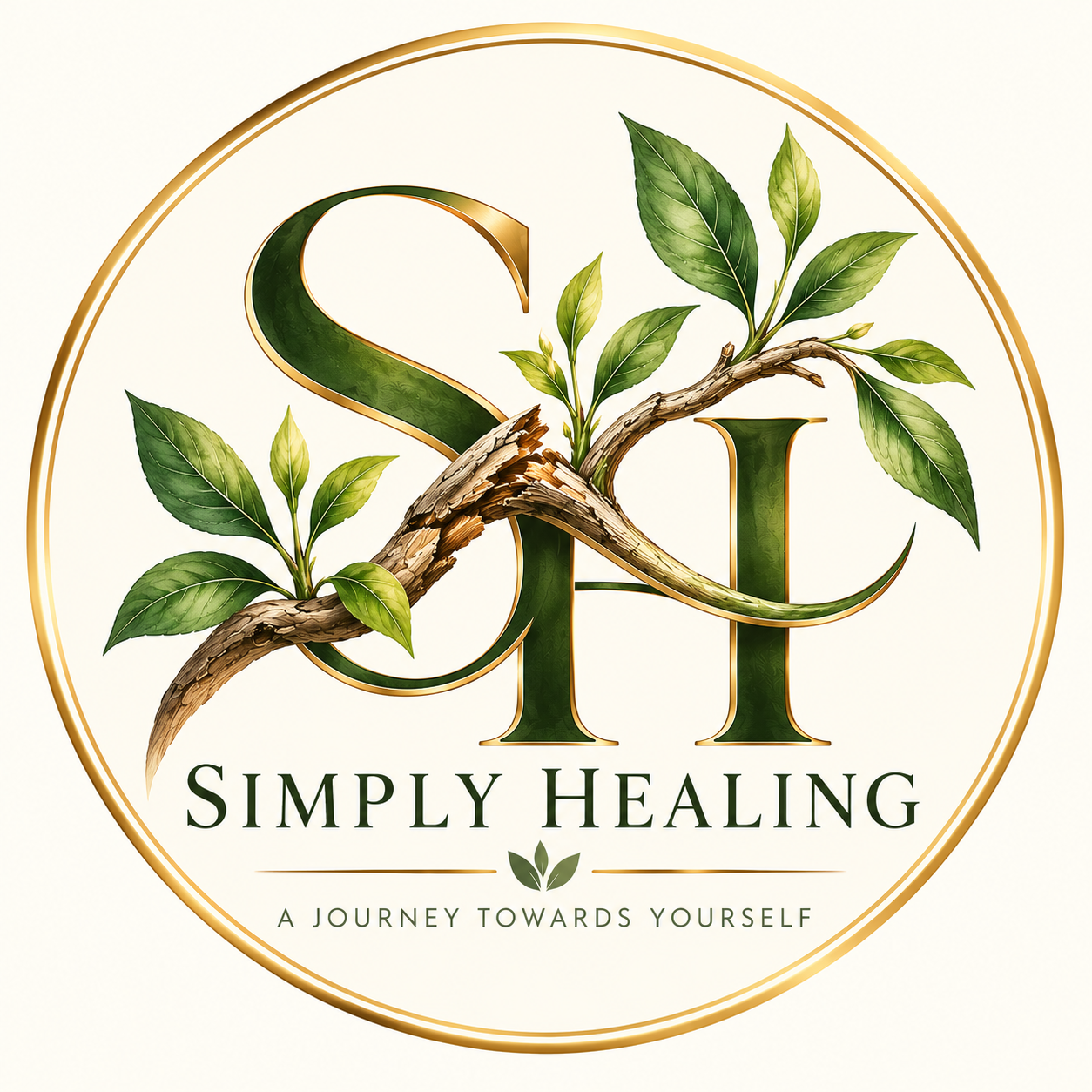 Simply Healing – A Journey Towards Yourself logo with SH monogram and a healing branch